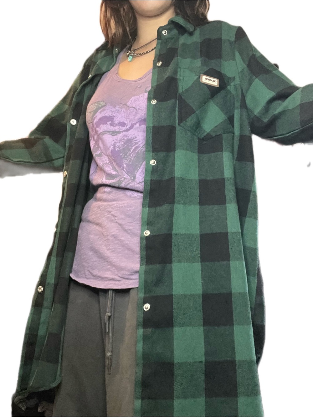 Green & Black Buffalo Plaid Long Shirt Jacket